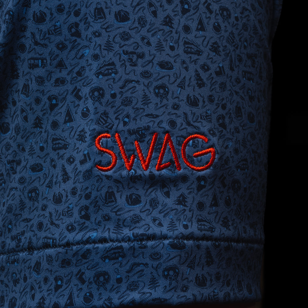 Blue Peter Millar holiday themed patterned men's performance golf polo shirt with a red ornament skull logo.