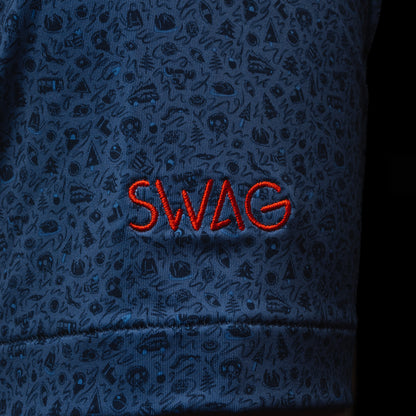 Blue Peter Millar holiday themed patterned men's performance golf polo shirt with a red ornament skull logo.