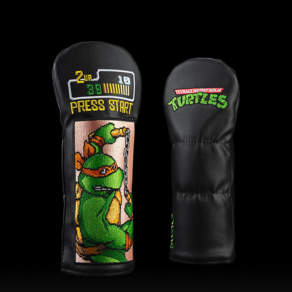 TMNT 16-bit ninja turtle Mikey fairway wood golf headcover with a bold “PRESS START” button. 