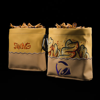 Front and back of the Taco Bell x SWAG Golf Cinnamon Twists Tee Pouch, showing SWAG branding and colorful snack graphics.