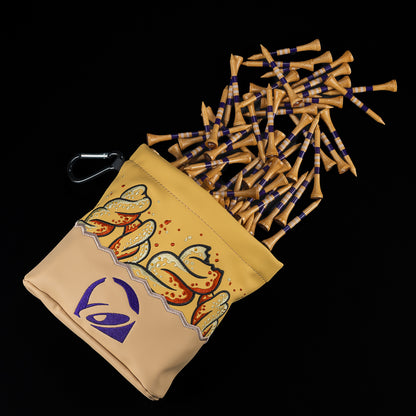 Taco Bell x SWAG Golf Cinnamon Twists Tee Pouch with illustrated twists and a purple Taco Bell logo, shown with tan and purple golf tees.