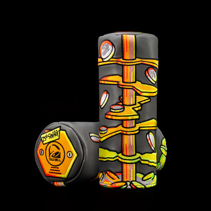 Taco Bell Coin Game barrel fairway headcover in black with orange and yellow coin game graphics, shown standing and lying down