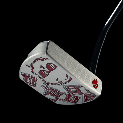 Angled view of the silver Fire Sauce BOSS 2.0 putter with red sauce packet graphics.