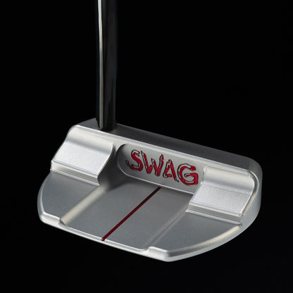 Back of the silver Fire Sauce BOSS 2.0 putter with red SWAG branding.