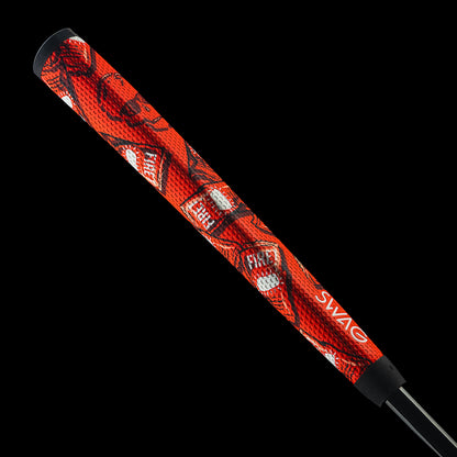 Red Fire Sauce packet pattern on the Taco Bell x SWAG Golf BOSS 2.0 putter grip.