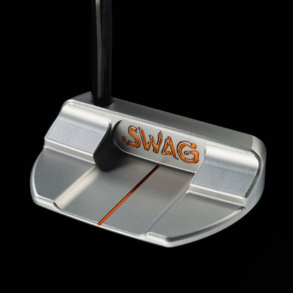 Back of the silver Hot Sauce BOSS 2.0 putter with orange SWAG branding.