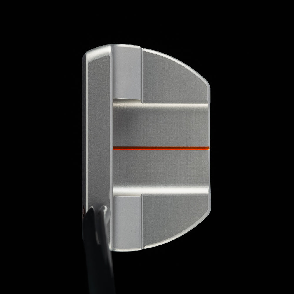Top view of the silver Hot Sauce BOSS 2.0 putter with a thin orange accent line.