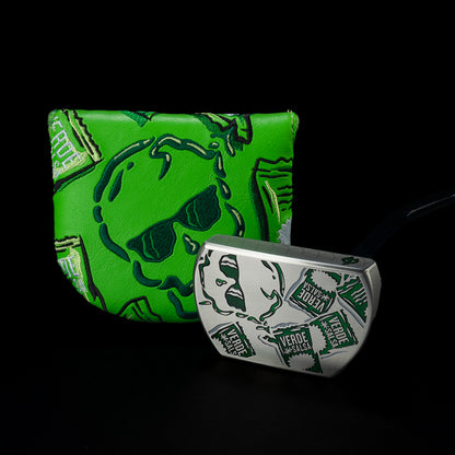 Taco Bell x SWAG Golf Verde Sauce BOSS 2.0 putter beside its green Verde cover.