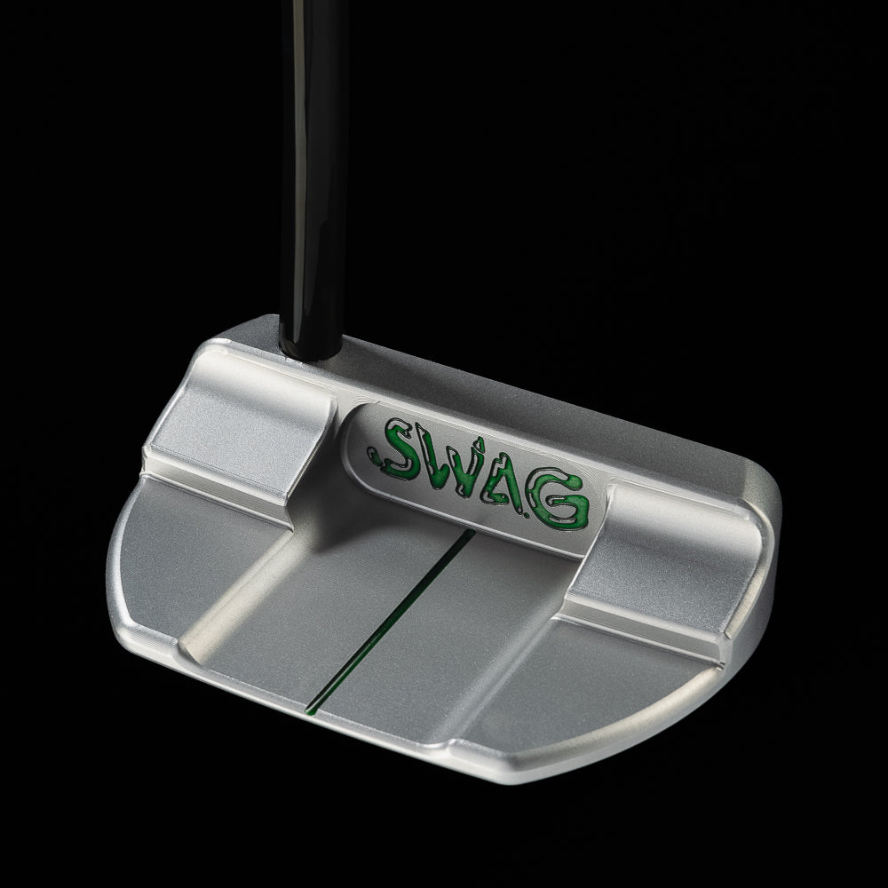 Back of the silver Verde Sauce BOSS 2.0 putter with green SWAG branding.