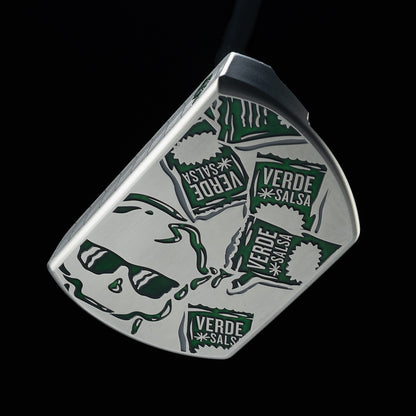 Close-up of green Verde Sauce packet and skull graphics across the silver BOSS 2.0 putter head.