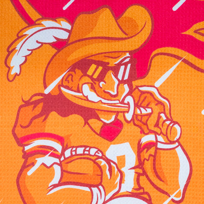 Orange golf towel with NFL Tampa Bay Buccaneers mascot character and 'GO BUCS' text on a black background.