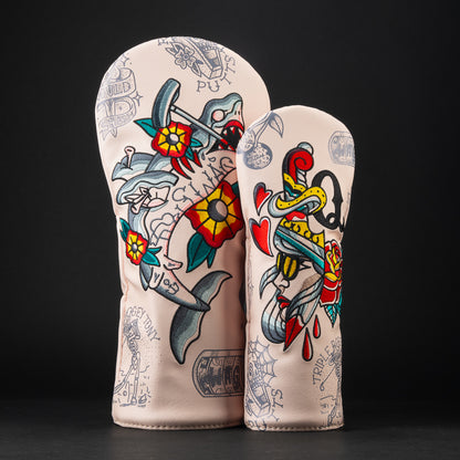 SWAG Tattoo Shop 2-piece set with shark, dagger, flower, and flash tattoo design in bold SWAG style.