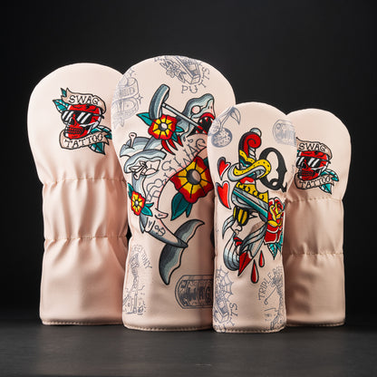 SWAG Tattoo Shop 2-piece set with shark, dagger, flower, and flash tattoo design in bold SWAG style.