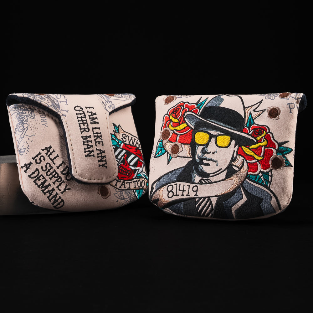 SWAG Tattoo Shop Supplier Mallet Cover featuring Al Capone inspired mob boss with roses and tattoo flash style.
