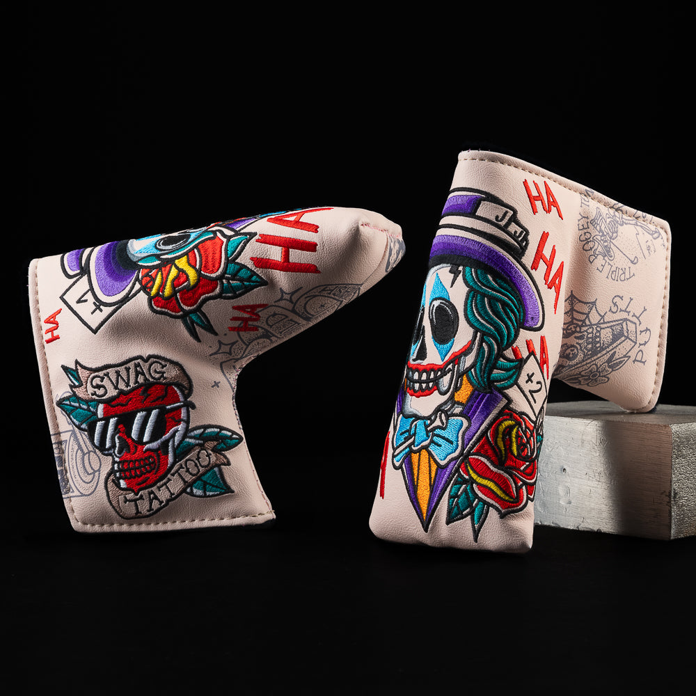 SWAG Tattoo Shop Why So Serious Blade Cover with skull jester, roses, and tattoo flash design.