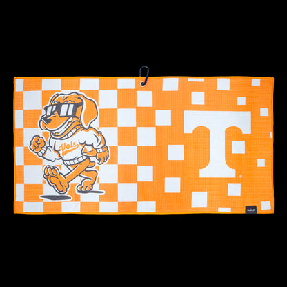 Orange Tennessee Volunteers golf towel with Power T logo, checkerboard pattern, and Smokey mascot graphic