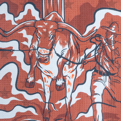 University of Texas Longhorns golf towel with bull and longhorn design on a red background, featuring 'Hook'em' text.