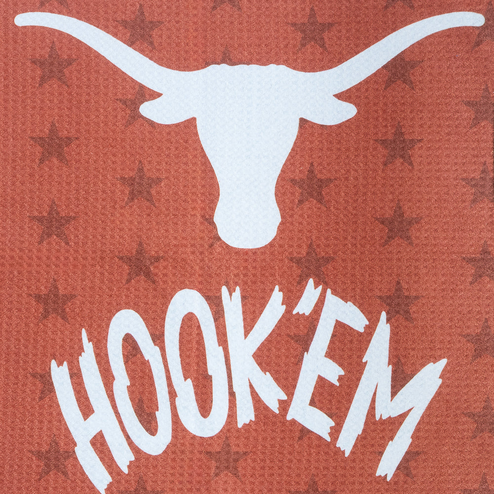 University of Texas Longhorns golf towel with bull and longhorn design on a red background, featuring 'Hook'em' text.