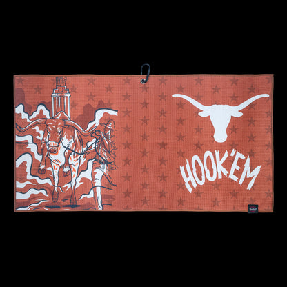 University of Texas Longhorns golf towel with bull and longhorn design on a red background, featuring 'Hook'em' text.