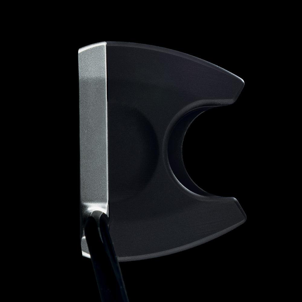 SWAG Golf The Vandal Too fang style MOI golf putter made from 303 stainless steel and 6061 aluminum with electric blue "The Vandal too" text on the sole.