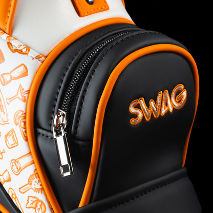 Close-up of the SWAG Golf Tito's Bottle Caddy black top pocket with embroidered SWAG logo.