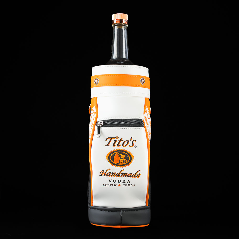 Front view of the SWAG Golf Tito's Bottle Caddy featuring Tito's Handmade Vodka artwork and orange outlines.