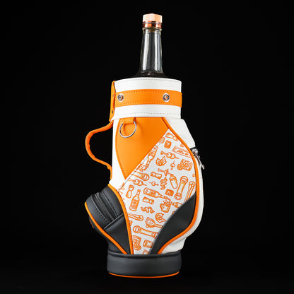 Angled front view of the SWAG Golf Tito's Bottle Caddy with adjustable shoulder strap and cocktail-inspired graphics.