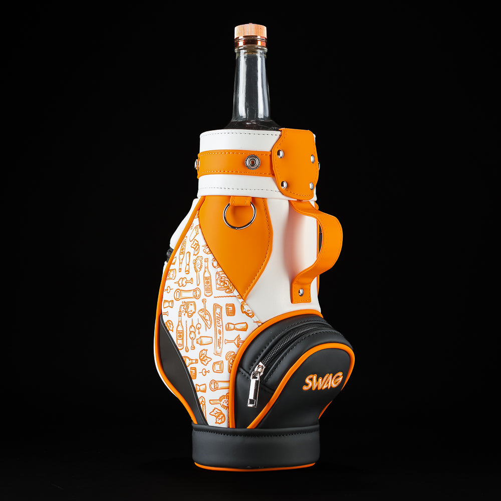 Side view of the SWAG Golf Tito's Bottle Caddy showcasing the patterned side panel and embroidered SWAG branding.