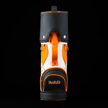 Rear view of the SWAG Golf Tito's Bottle Caddy highlighting the patterned side panel, black back panel, and orange accents.