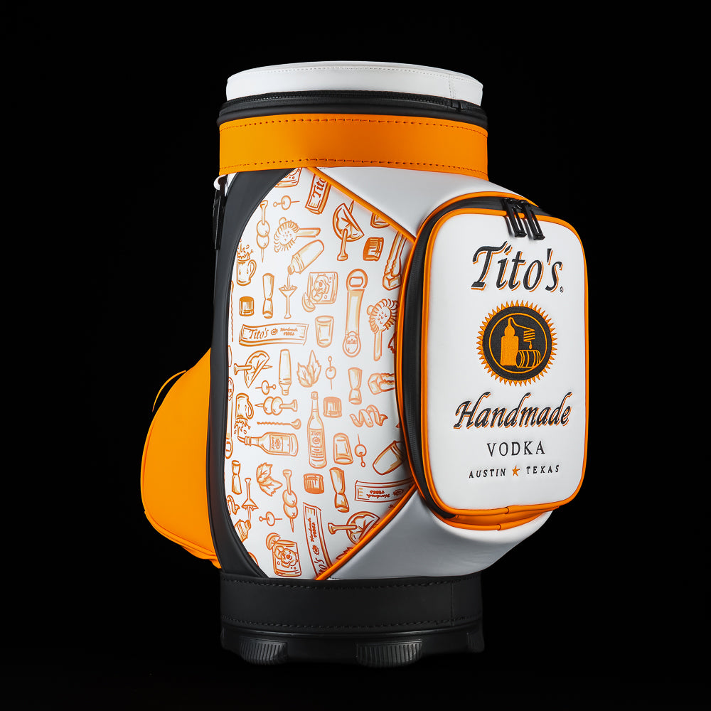 Side view of the SWAG Golf Tito's Den Caddy Cooler highlighting the all-over cocktail icon pattern.