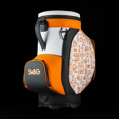Angled rear view of the SWAG Golf Tito's Den Caddy Cooler showing the carry handle, removable lid, and side graphics.