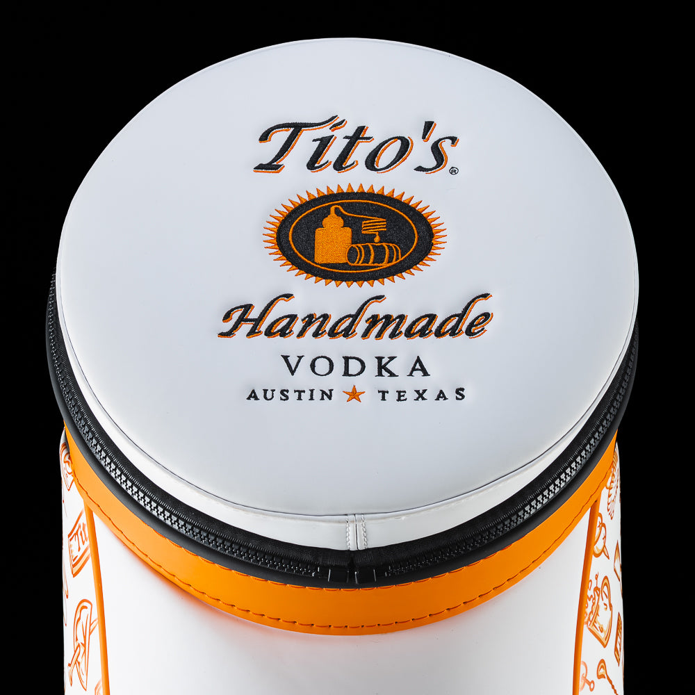 Top-down view of the SWAG Golf Tito's Den Caddy Cooler featuring the removable lid with Tito's Handmade Vodka branding.