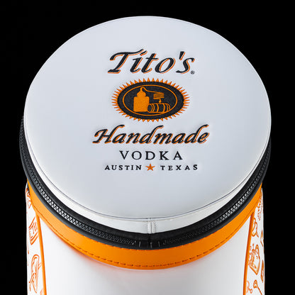 Top-down view of the SWAG Golf Tito's Den Caddy Cooler featuring the removable lid with Tito's Handmade Vodka branding.