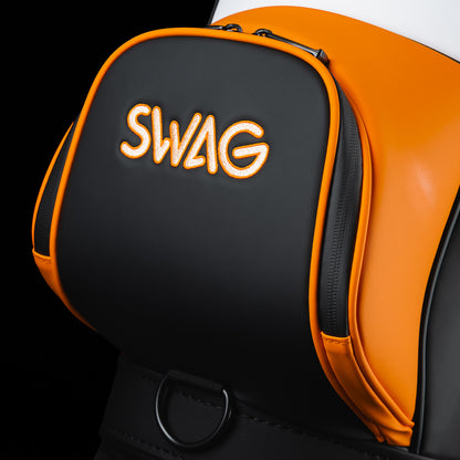 Close-up of the SWAG Golf Tito's Den Caddy Cooler rear pocket with embroidered SWAG logo and orange trim.