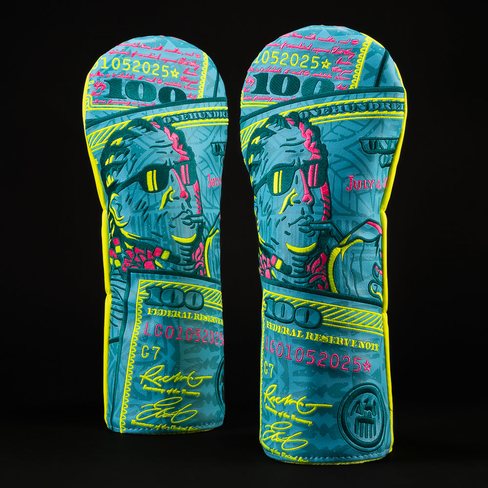 SWAG Golf Tourist Ben dollar bill themed blue and neon yellow driver golf headcover made in the USA.