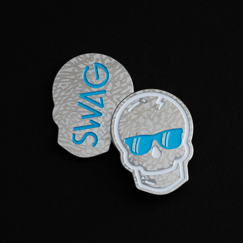 Icy Blue Skull golf Ball Marker in silver with blue and white. Made in the USA.