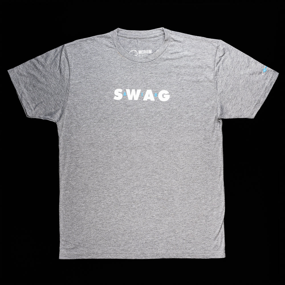 NC SWAG grey t-shirt with white and light blue.