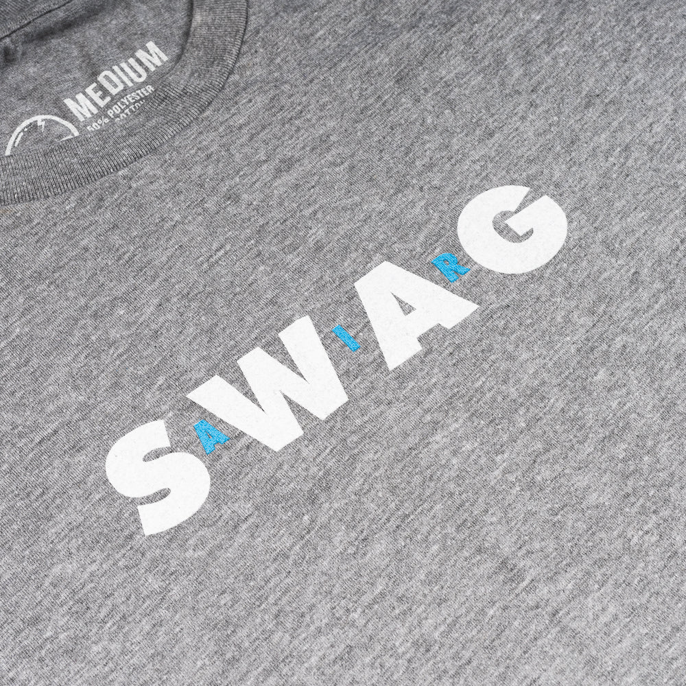 NC SWAG grey t-shirt with white and light blue.