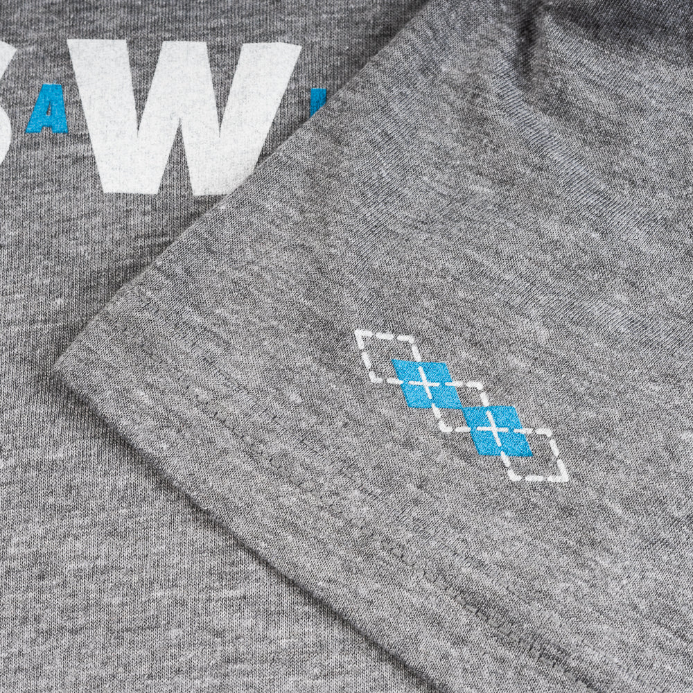 NC SWAG grey t-shirt with white and light blue.