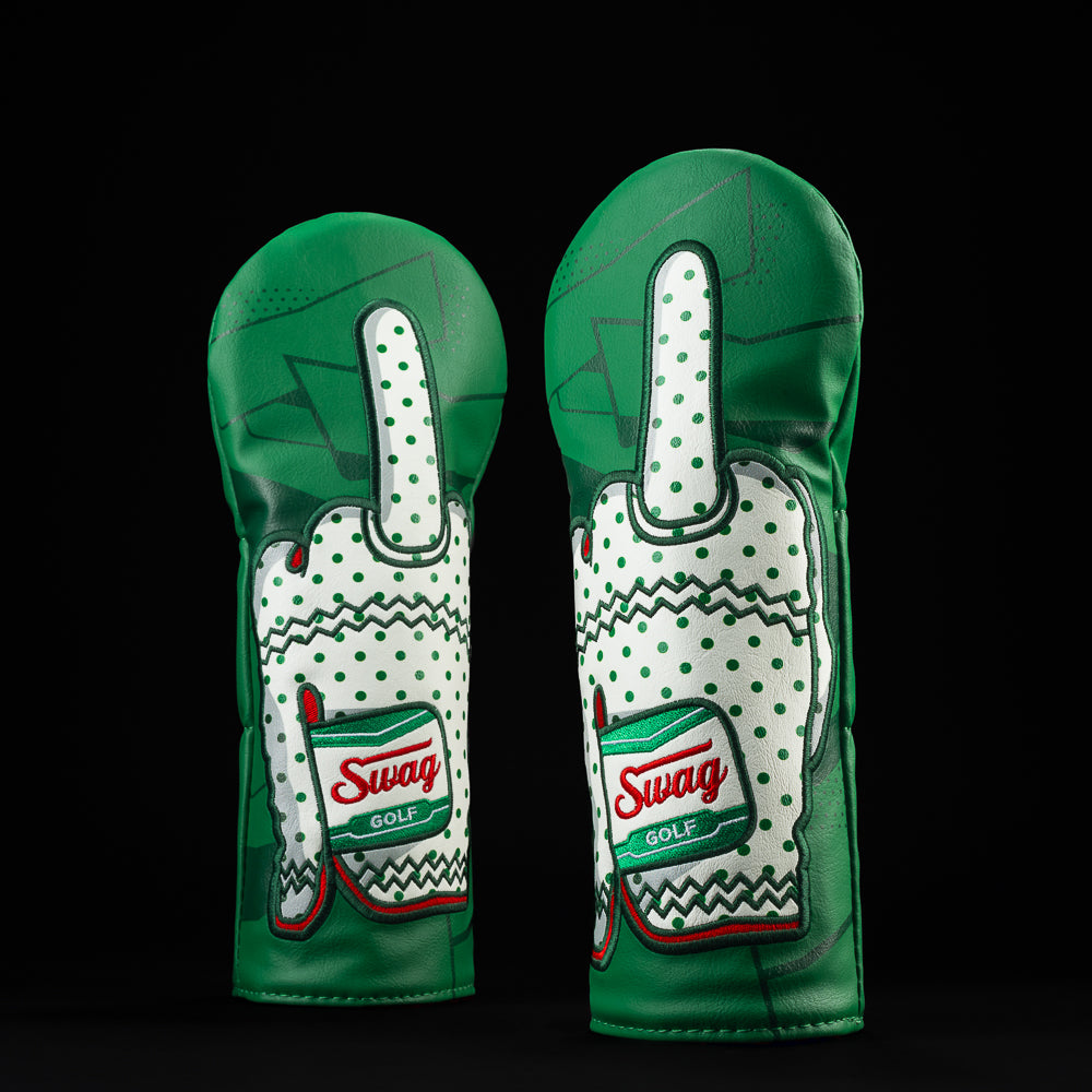 Donut Give a Putt green with white and red golf glove design fairway golf head cover made in the USA.