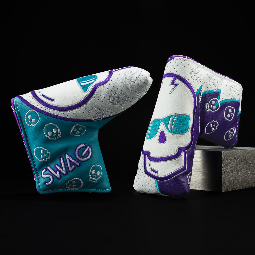 Carolina Buzz Skull purple, teal and silver blade golf headcover made in the USA.