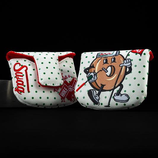 Hole in One white with green polka dots, red swag logo and a tan donut design holding a red flag mallet golf club headcover made in the USA.