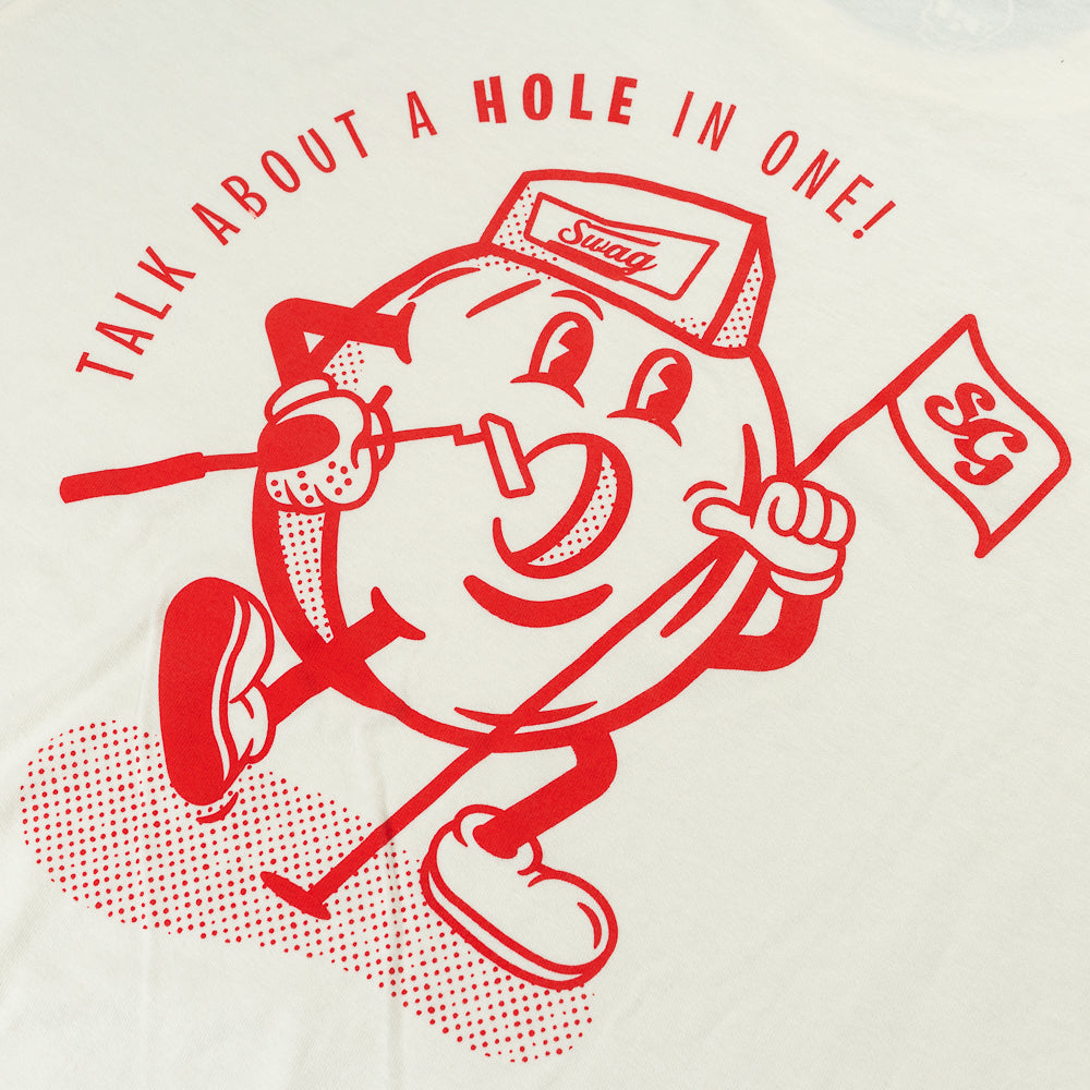 Hole in One White men's short sleeve golf t-shirt with red graphics.