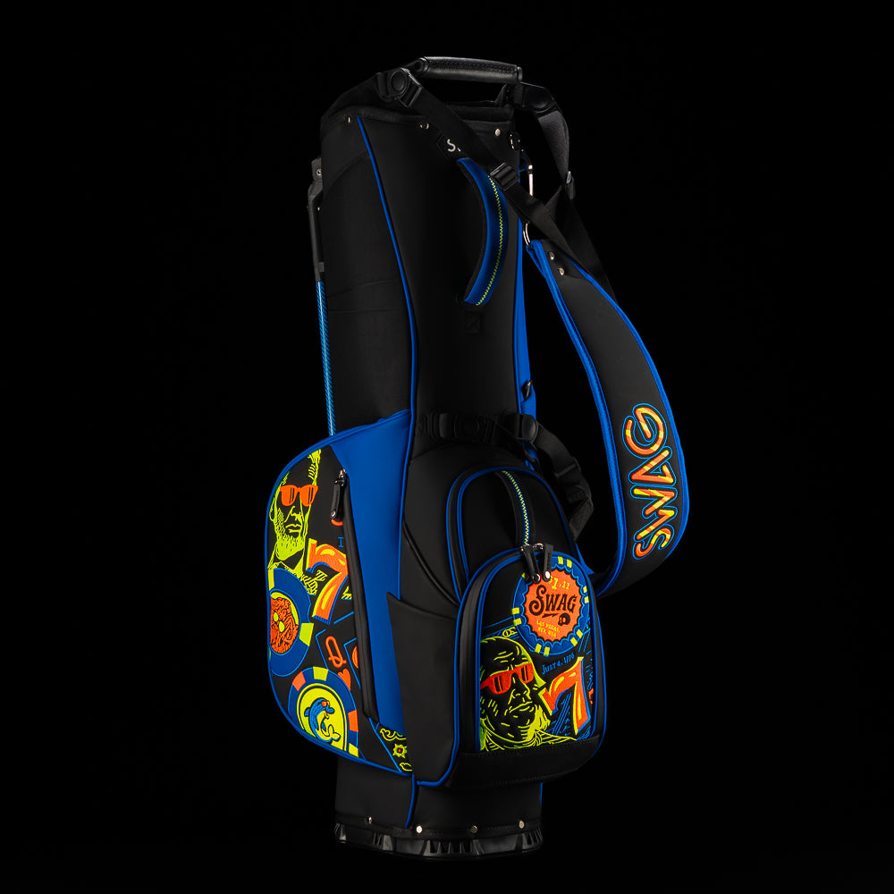 Royal Flush Stand Bag with neon casino-inspired artwork, bold graphics, and SWAG Golf styling.