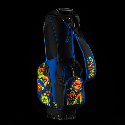 Royal Flush Stand Bag with neon casino-inspired artwork, bold graphics, and SWAG Golf styling.
