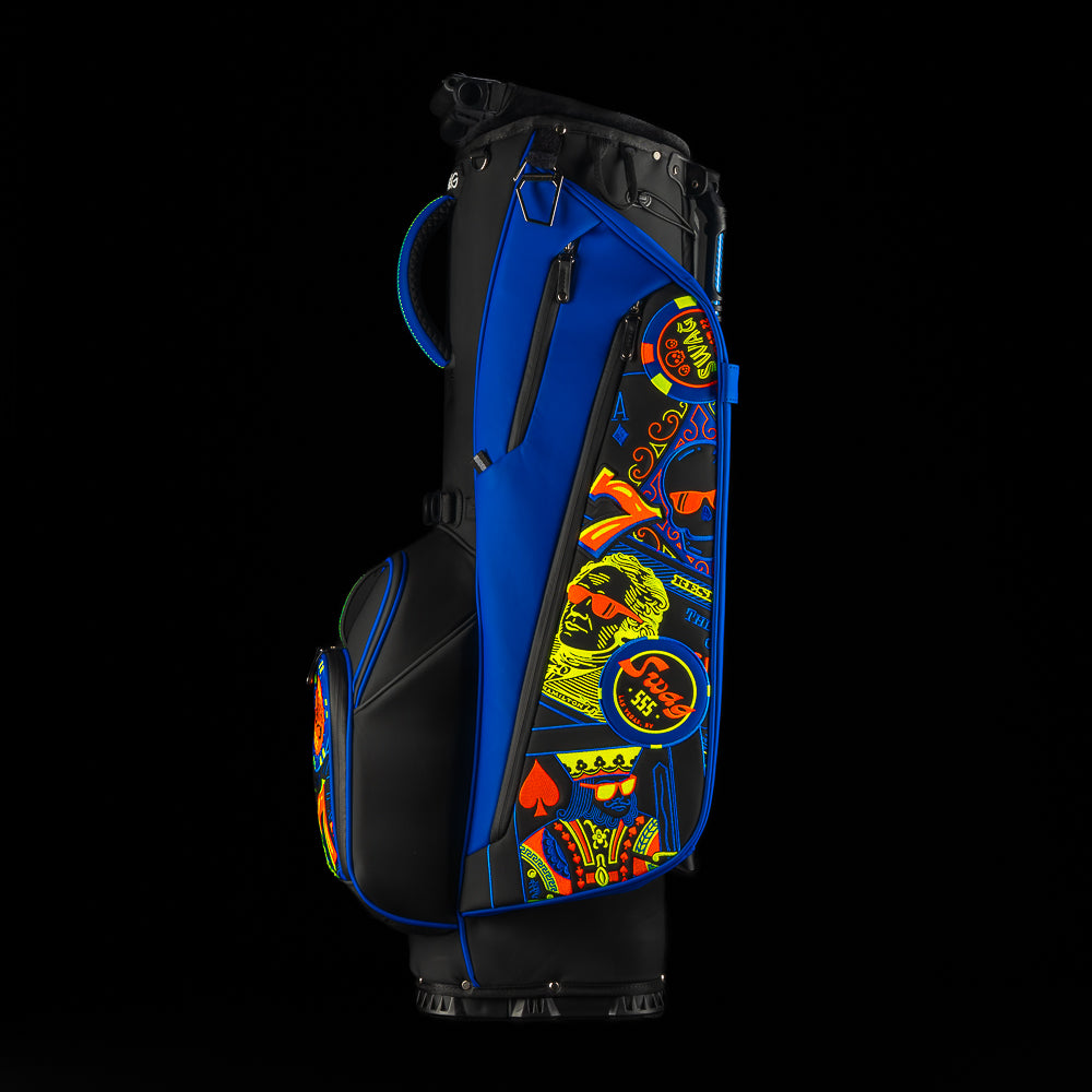 Royal Flush Stand Bag with neon casino-inspired artwork, bold graphics, and SWAG Golf styling.