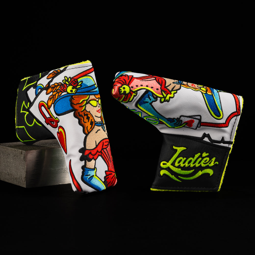 Iconic Hands Ladies Blade Putter golf headcover featuring Queen of Hearts in bold red dress and SWAG shades.