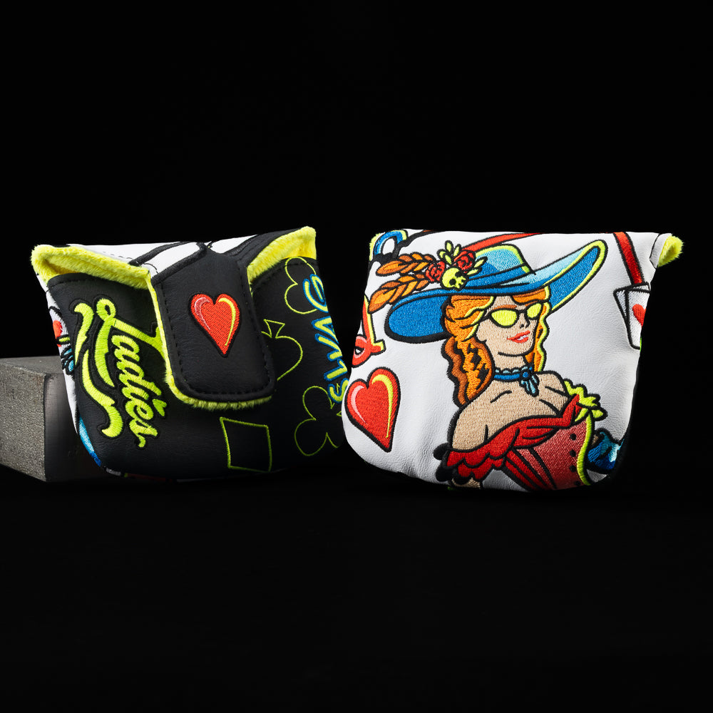 Iconic Hands Ladies Mallet Putter golf headcover featuring Queen of Hearts in red dress, hat, and SWAG shades.