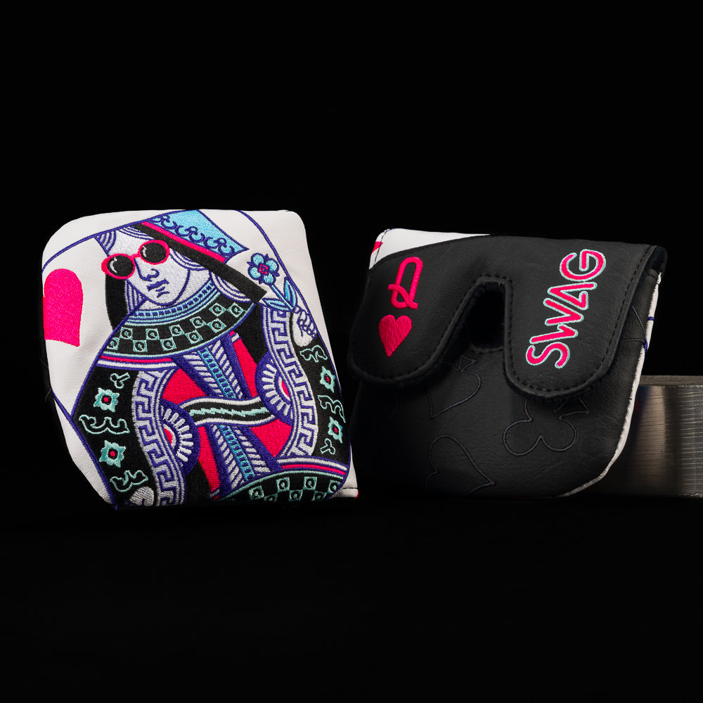 SWAG Classics Queen Center Shaft XL Mallet golf headcover with neon royal heart design in bold SWAG style.