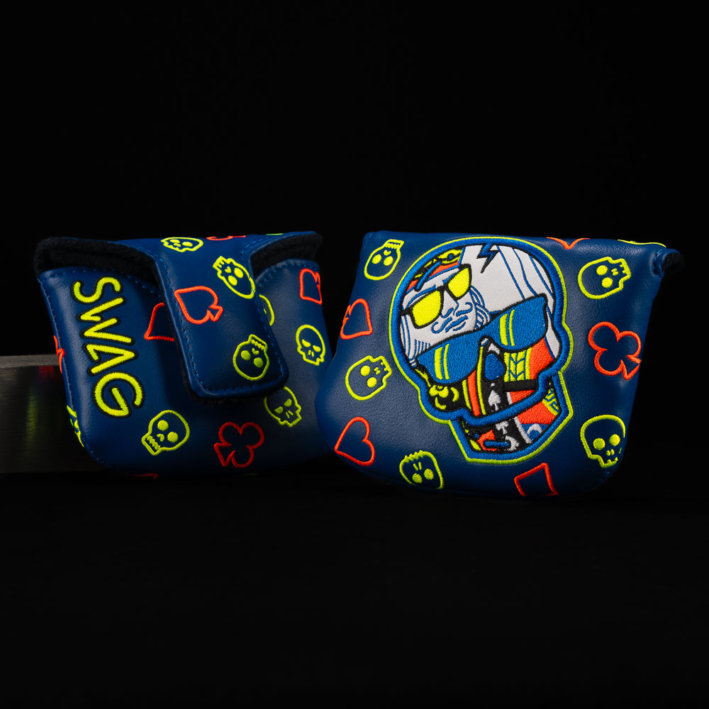 Royalty Skull King Mallet Putter golf headcover featuring neon skull king design with card suits and SWAG styling.